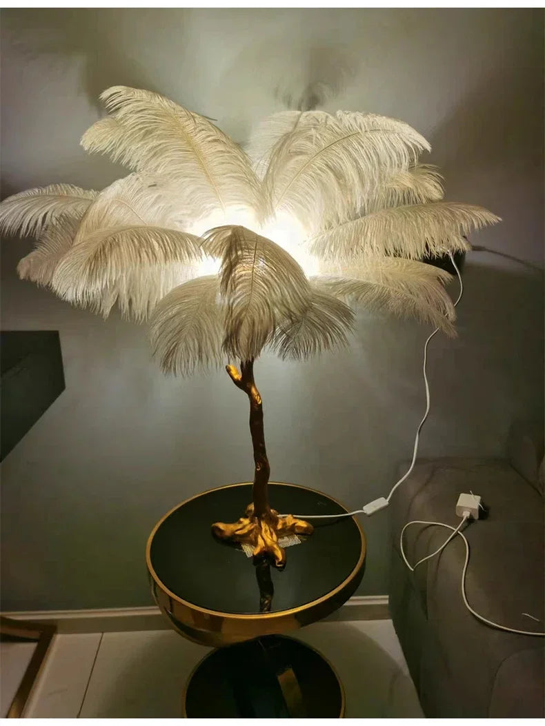 Nordic feather floor lamp with white ostrich feathers and golden tree trunk base for living room decor