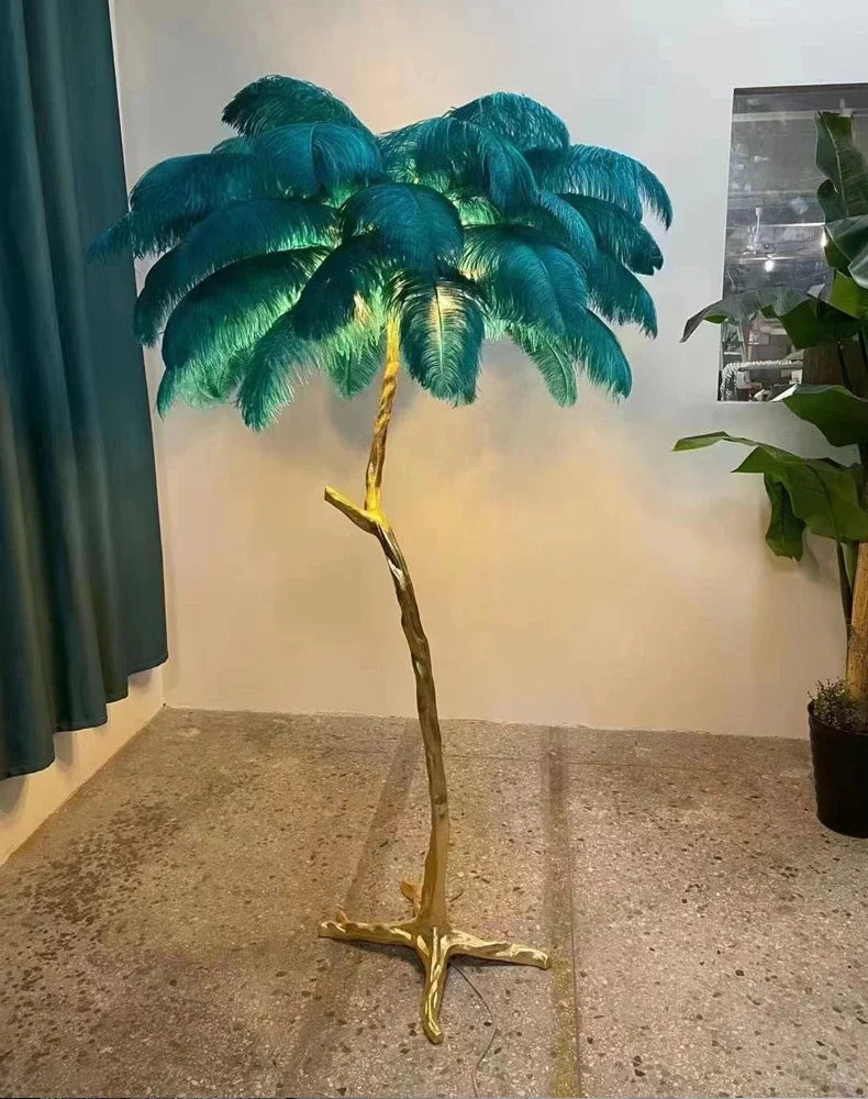 Tall golden floor lamp with teal ostrich feather crown for living room and bedside table decor lighting