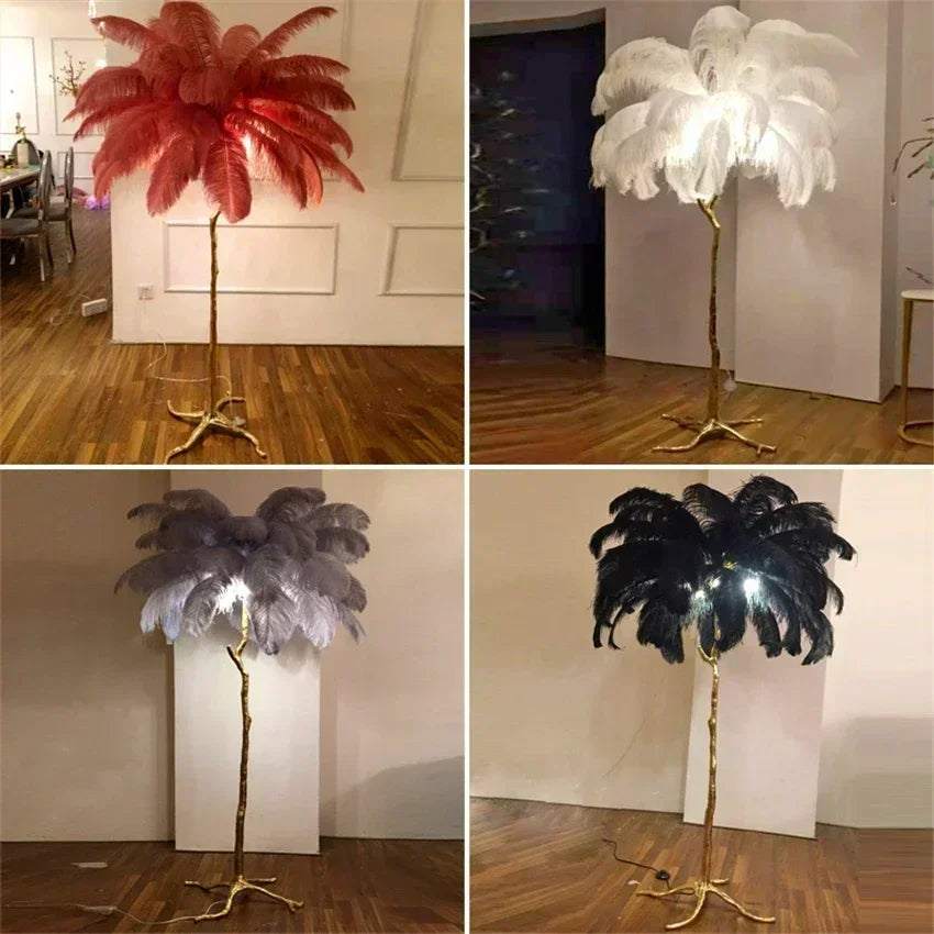Elegant feather floor lamp with golden stand and illuminated red white gray or black plumage for living room decor