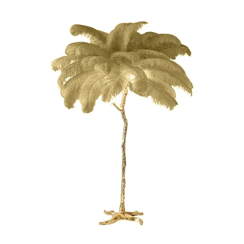 Golden feather floor lamp with slender textured stem and lush palm canopy for living room and bedroom decor