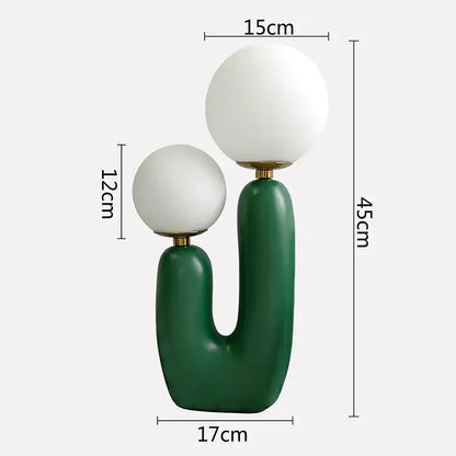 Modern green ceramic ball table lamp with two white glass ball shades for bedroom decor and ambient lighting