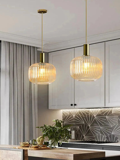 Nordic Ribbed Glass Pendant Light in Green, Grey or Amber - Decorbites
