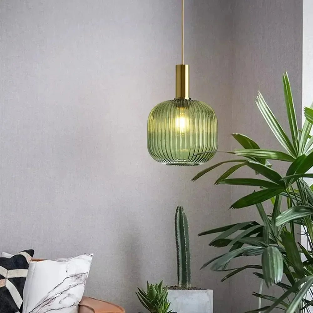 Nordic Ribbed Glass Pendant Light in Green, Grey or Amber - Decorbites