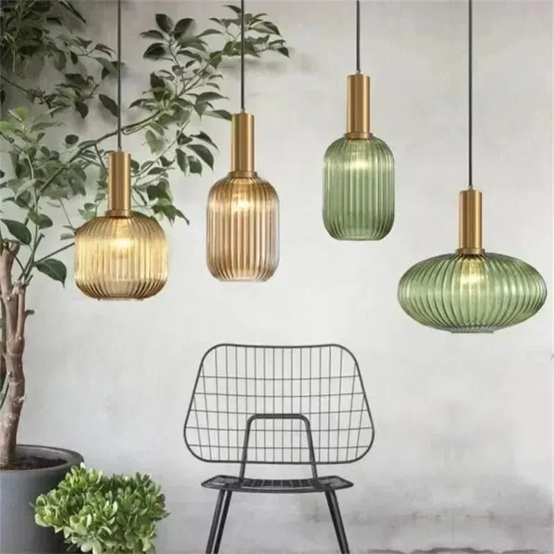Nordic Ribbed Glass Pendant Light in Green, Grey or Amber - Decorbites