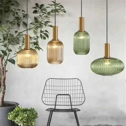Nordic Ribbed Glass Pendant Light in Green, Grey or Amber - Decorbites