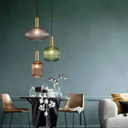Nordic Ribbed Glass Pendant Light in Green, Grey or Amber - Decorbites