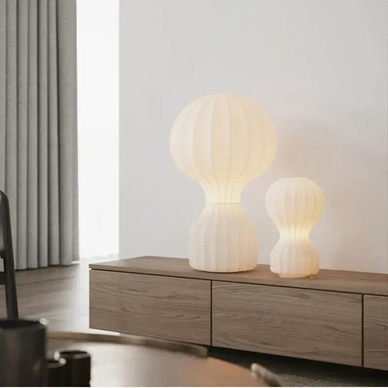 Cream-colored pleated paper table lamp with nordic ribbed white silk design for modern bedroom decor silk table lamp