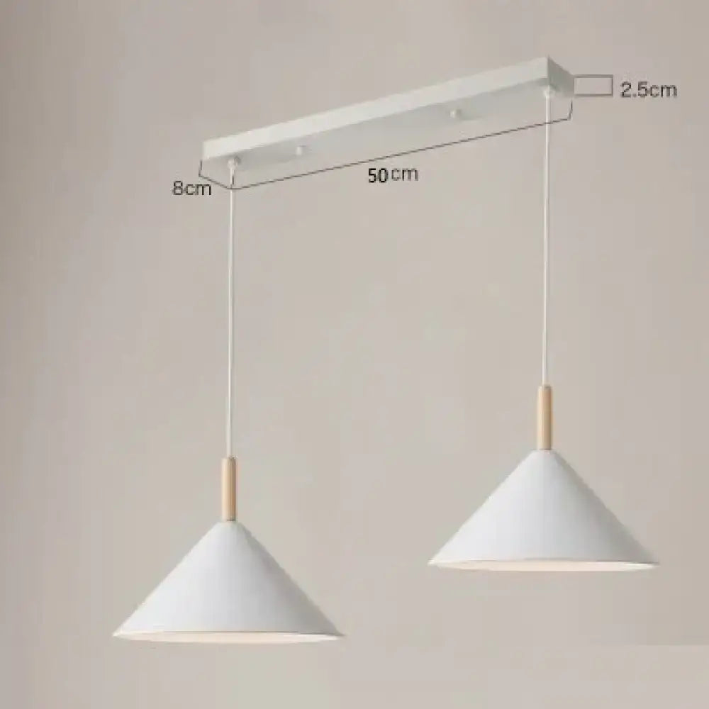 White conical matte black nordic simple kitchen pendant light with wooden accents hanging from rectangular mount