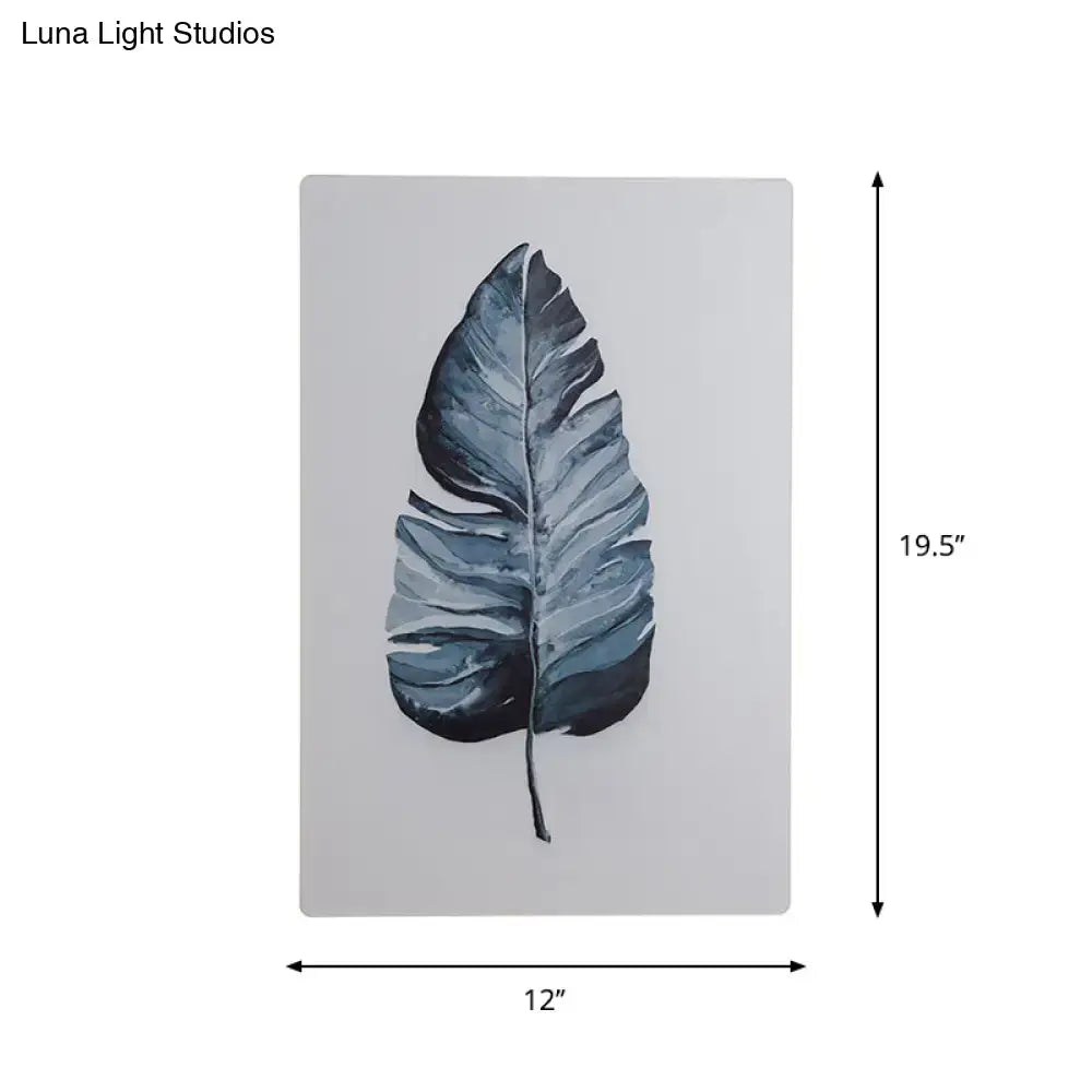 Rectangular nordic style banana leaf led wall art fixture featuring stylized dark blue and gray leaf on light gray background
