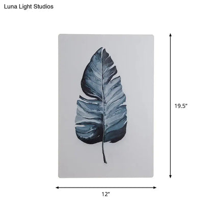 Rectangular nordic style banana leaf led wall art fixture featuring stylized dark blue and gray leaf on light gray background