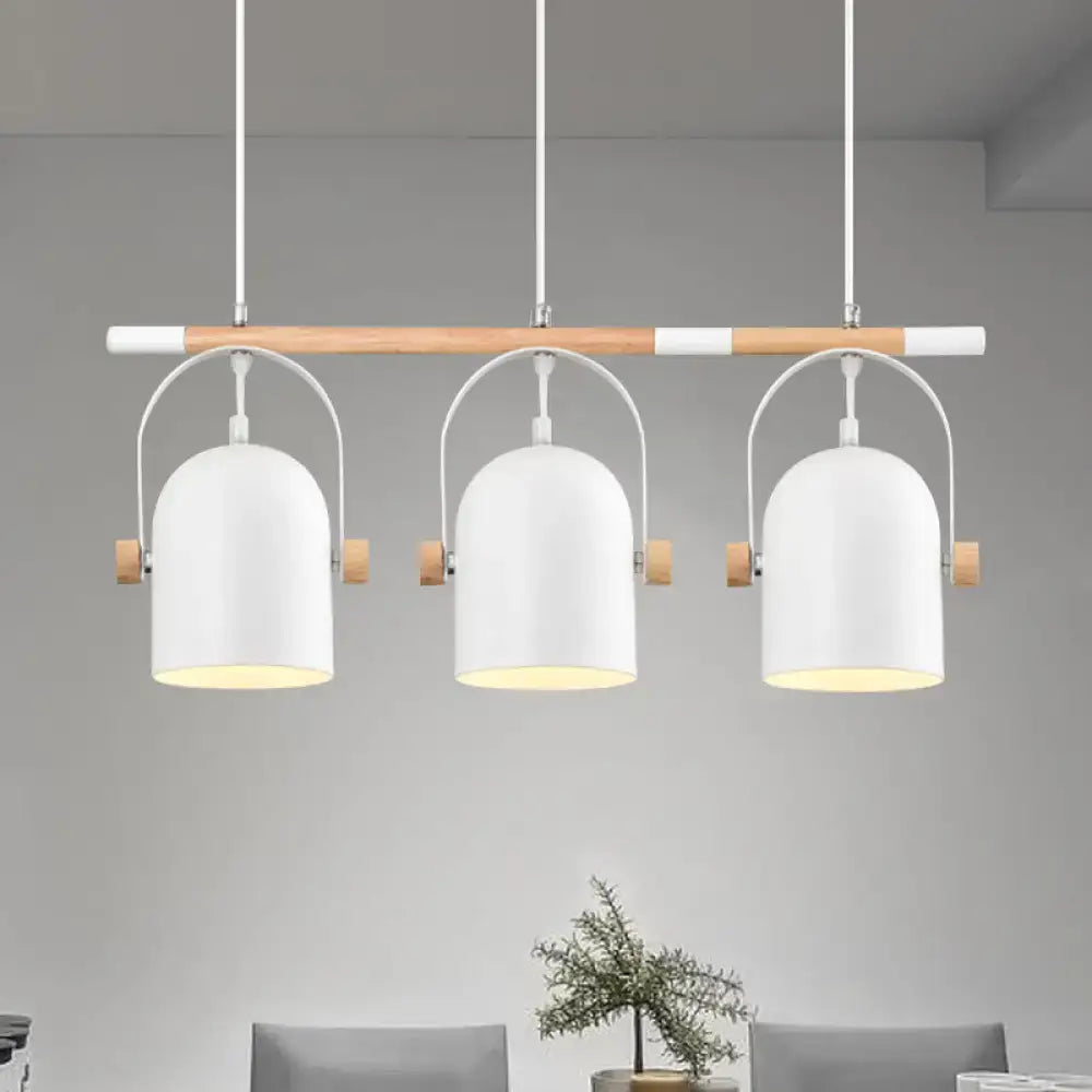 Modern white DecorBites™ Nordic style triple metal pendant light with wooden accent and adjustable dome shade for island lighting