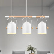 Modern white DecorBites™ Nordic style triple metal pendant light with wooden accent and adjustable dome shade for island lighting