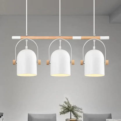 Modern white DecorBites™ Nordic style triple metal pendant light with wooden accent and adjustable dome shade for island lighting