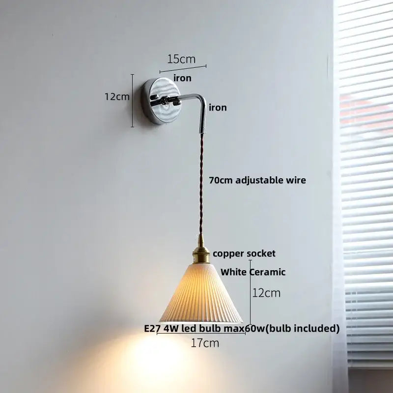 Nordic sunset wall light with white ceramic fluted shade copper socket and braided wire decorbites ceramic led wall light