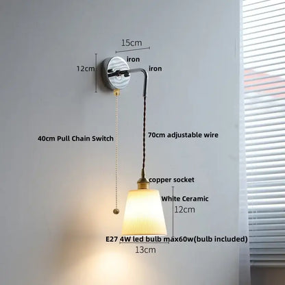 Minimalist nordic sunset glass ceramic led wall light with white ceramic shade brass accents and adjustable copper socket pull chain decorbites ceramic led wall