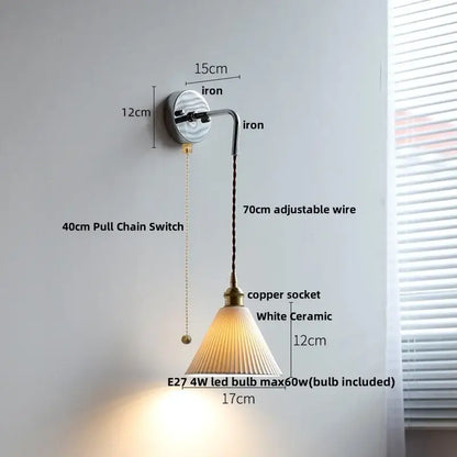 White ceramic led wall light with vertical ridges iron arm and pull chain switch decorbites ceramic led wall light