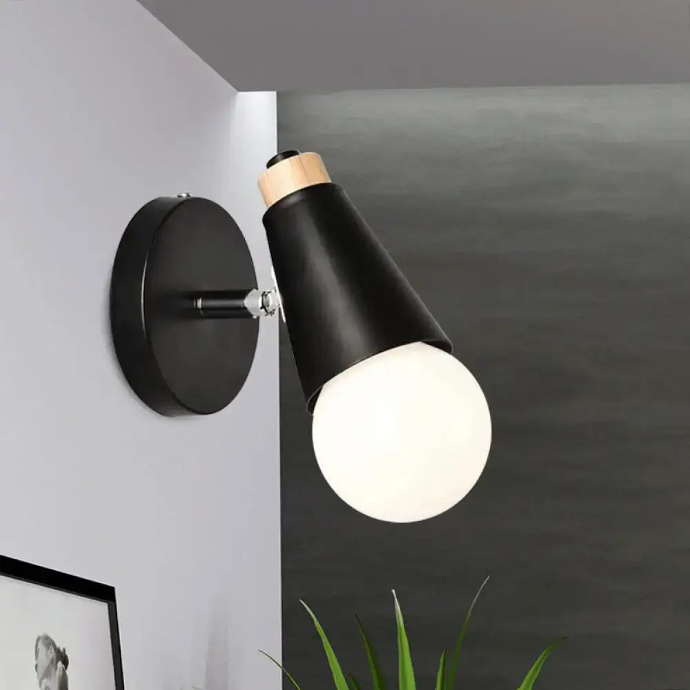 Black nordic sweet cone wall light with wooden bamboo base and frosted glass bulb for bedroom lighting