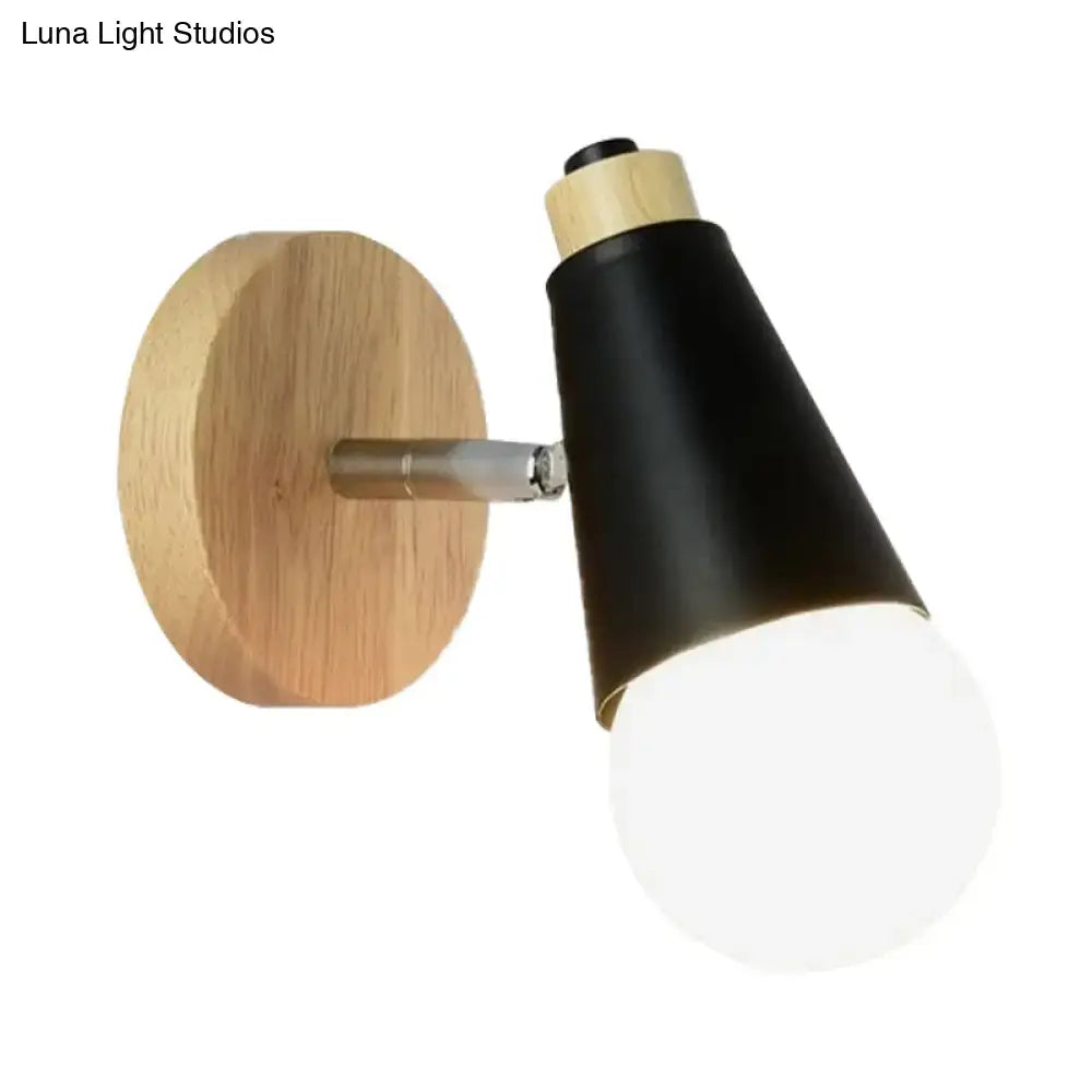 Black nordic sweet cone wall light with a natural wood bamboo base and metallic arm for bedroom lighting