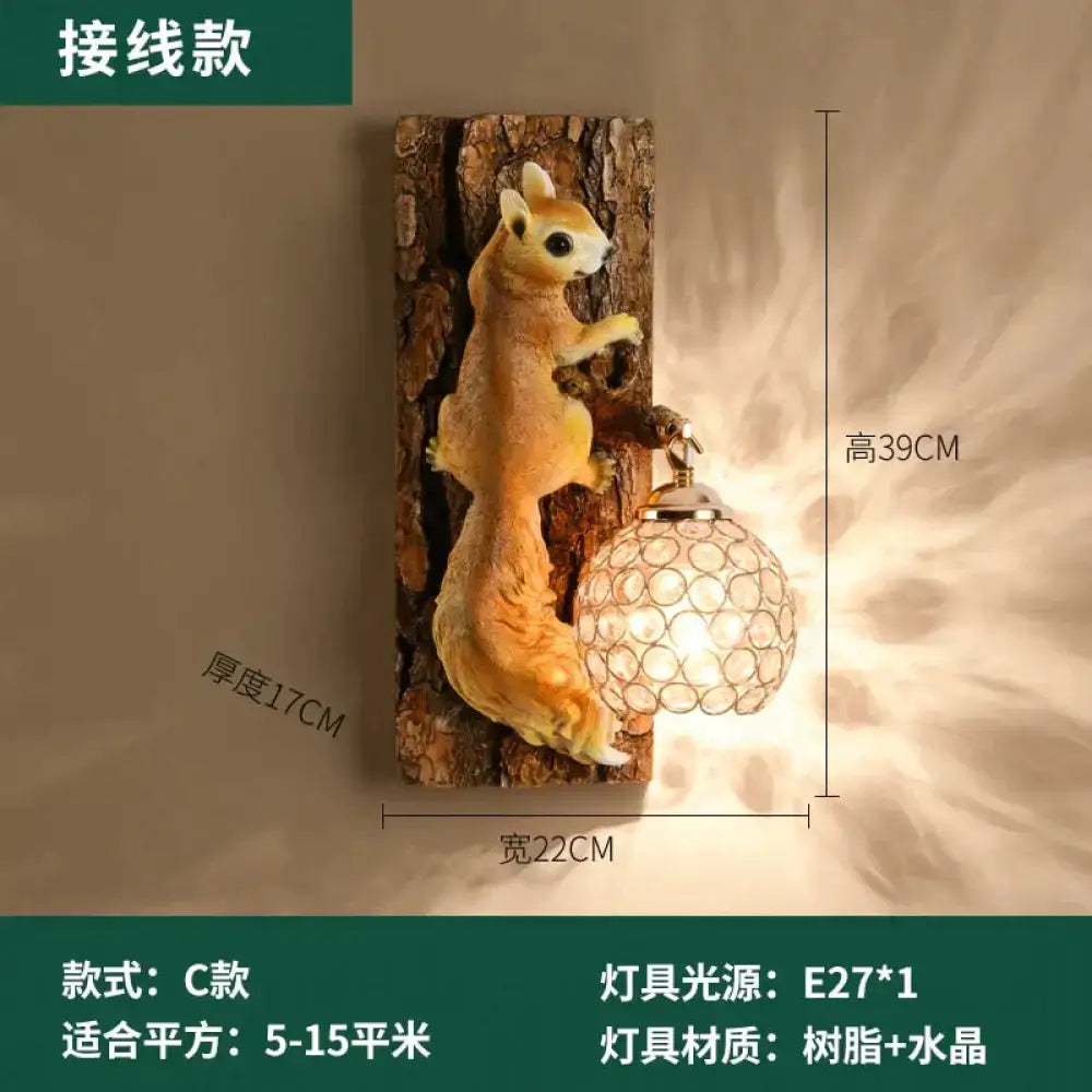 A nordic vintage style resin wall lamp featuring a golden-brown squirrel figurine holding a crystal-like spherical lamp