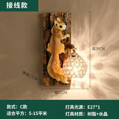 A nordic vintage style resin wall lamp featuring a golden-brown squirrel figurine holding a crystal-like spherical lamp