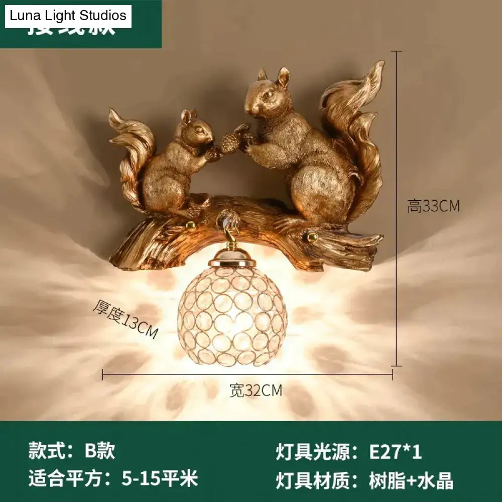 Golden resin vintage style wall lamp featuring a crystal squirrel on a textured branch base for bedroom lighting