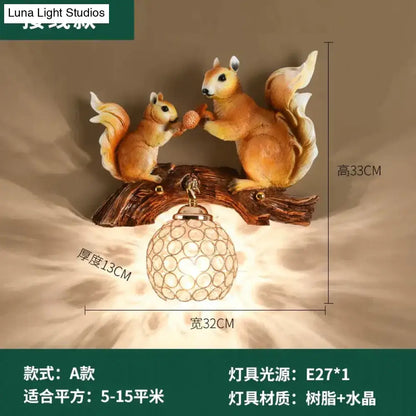 Nordic vintage style resin wall lamp with warm-toned squirrels on rustic branch and crystal globe shade