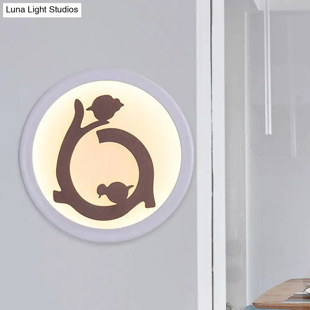 Nordic white and brown bird led wall sconce features a circular 12 inch fixture with soft white glow and bird silhouette