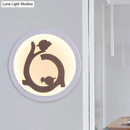 Nordic white and brown bird led wall sconce features a circular 12 inch fixture with soft white glow and bird silhouette