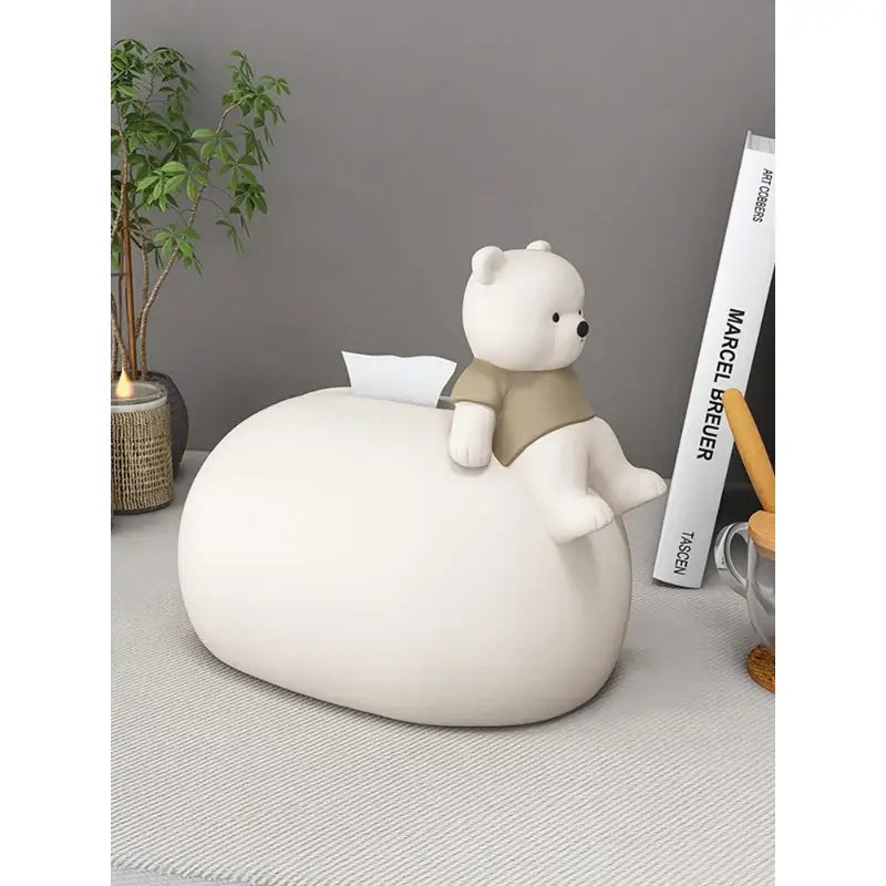 Cute white ceramic tissue box with a small beige shirt bear statue sitting atop for living room decor bear statues tissue