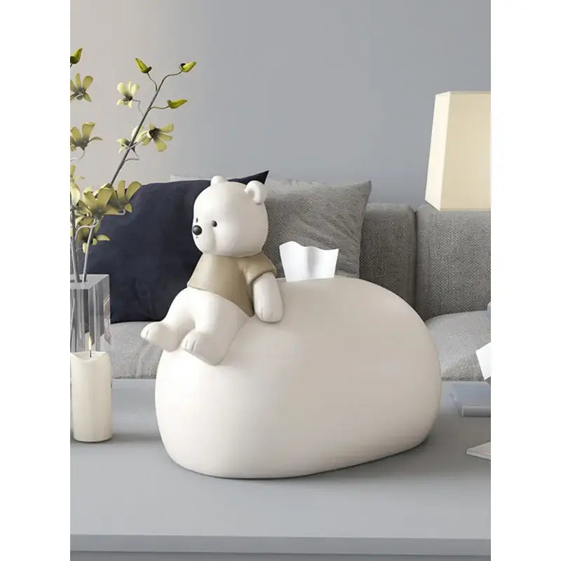 Nordic white ceramic tissue box with a sitting bear figurine in beige shorts for living room decor bear statues tissue