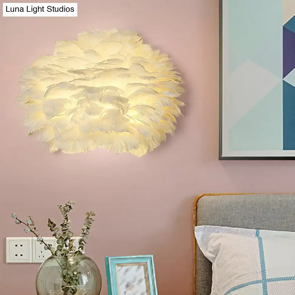 Cream-colored nordic white feather wall lamp with soft fluffy cloud-like design light type for bedroom use