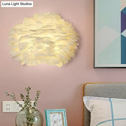 Cream-colored nordic white feather wall lamp with soft fluffy cloud-like design light type for bedroom use