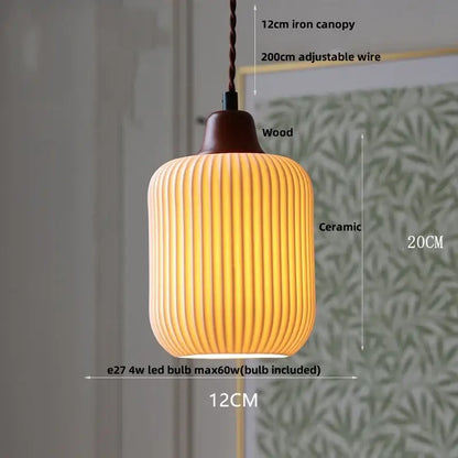 Warm-toned ceramic pendant light with vertical ridges and wooden canopy by decorbites brown wood led pendant light