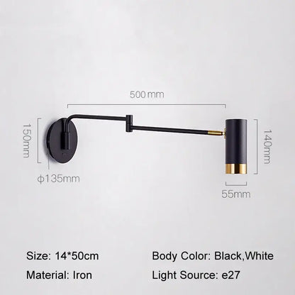 Black and white iron Nordic wall light with gold accents and decorbites adjustable led swing arm for bedroom decor