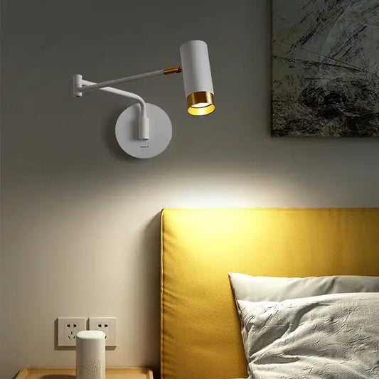 Nordic white and gold decorbites adjustable led swing arm wall light with cylindrical head for bedroom sconce decor