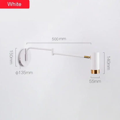 Nordic white and gold adjustable led swing arm wall light with cylindrical shade and gold trim for bedroom decorbites wall light
