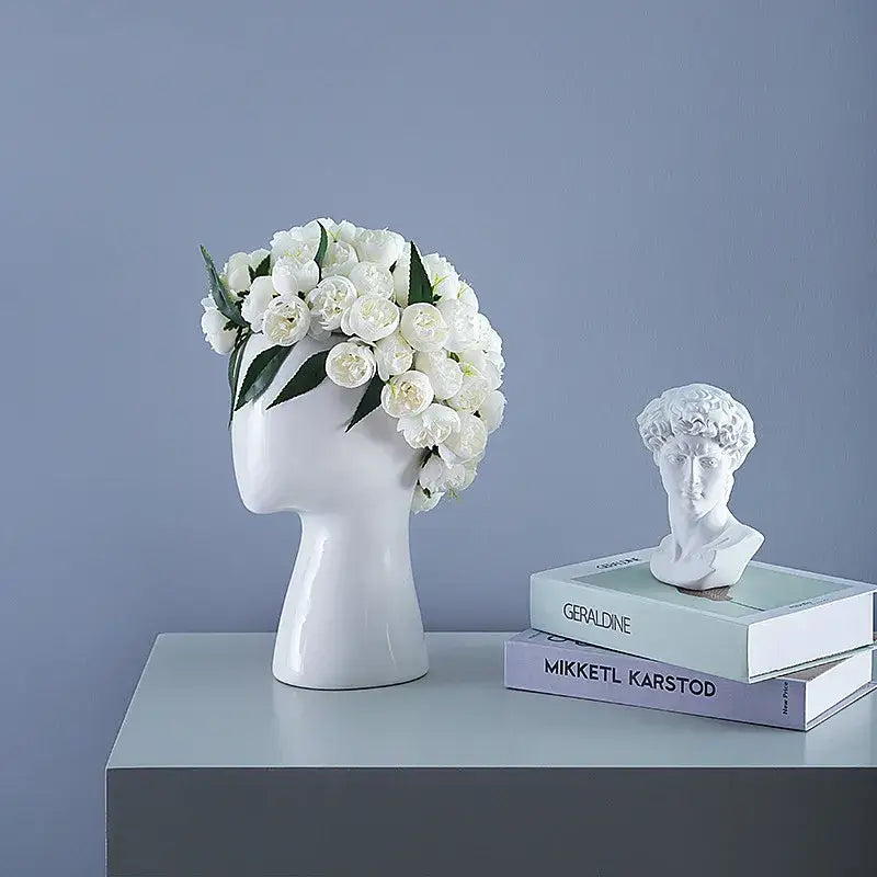 Nordic white human head ceramic vase with white flowers and green leaves decorbites human head living room decor