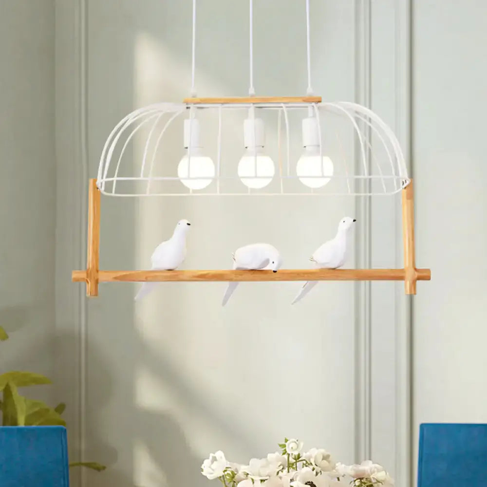Decorbites nordic style island pendant with elongated white iron cage, wooden frame, fixture width suitable for kitchens