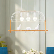 Decorbites nordic style island pendant with elongated white iron cage, wooden frame, fixture width suitable for kitchens