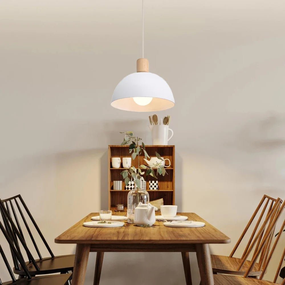Nordic White Iron Pendant Light With Wood Accent - Decorbites