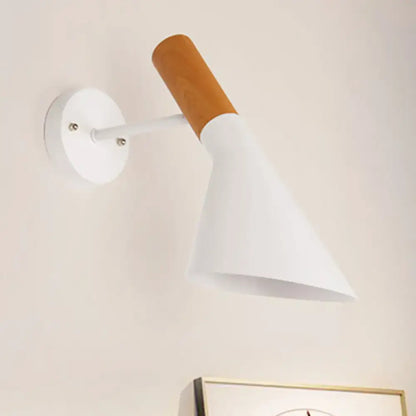 Nordic white monochrome wall light single with wooden handle and conical shade for bedroom mounted on wall