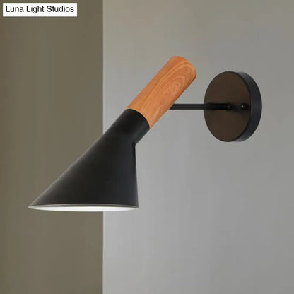 Modern black conical wall light single with warm wooden handle and matte metal arm for bedroom monochrome wall light