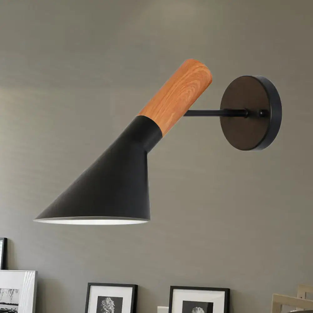 Modern black and wood wall light single with conical shade and wood handle monochrome wall light for bedroom use