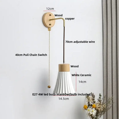 Minimalist nordic white ribbed ceramic wood wall sconce with light wood base copper arm and pull chain switch decorbites ceramic wood wall