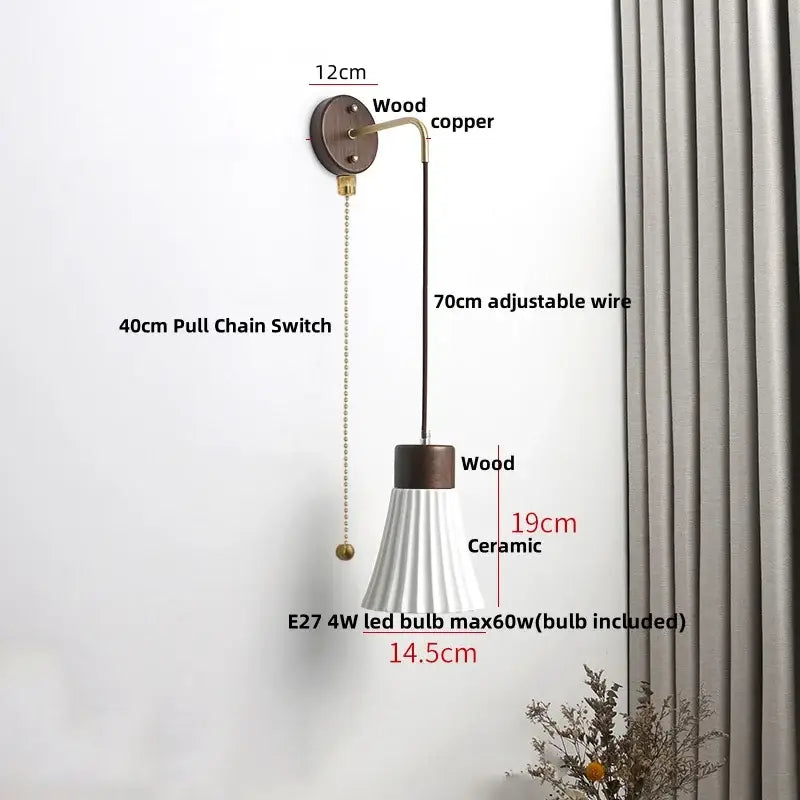 Nordic white ribbed ceramic wood wall sconce with fluted design and dark wood top suspended by adjustable copper wire