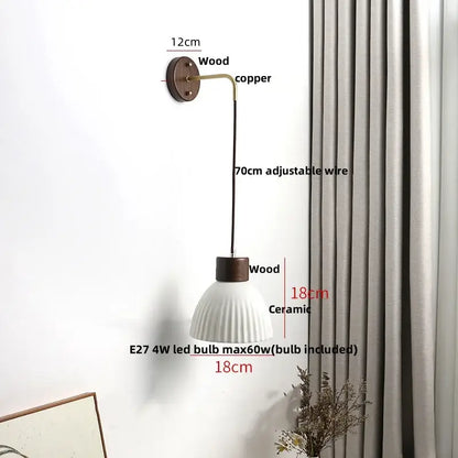 Minimalist nordic white ribbed ceramic wood wall sconce with fluted shade and adjustable copper arm for bedroom decorbites ceramic wood wall