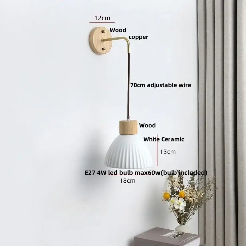 Minimalist nordic white ribbed ceramic wood wall sconce with fluted shade and pull chain for bedroom decorbites ceramic wood