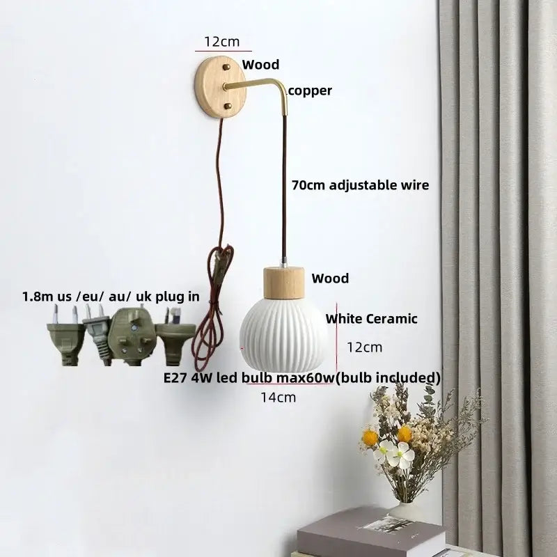 Nordic white ribbed ceramic wood wall sconce with wooden accents and copper wire for bedroom decorbites ceramic wood wall lighting
