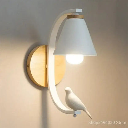 Nordic wood and ceramic white birdie wall lamp with curved wall sconce and white lampshade for bedroom lighting