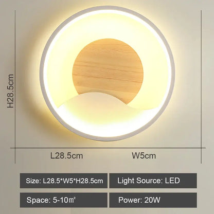 Nordic wood and led wall light featuring a circular white ring, warm ambient lighting, and central wooden panel decorbites led wall
